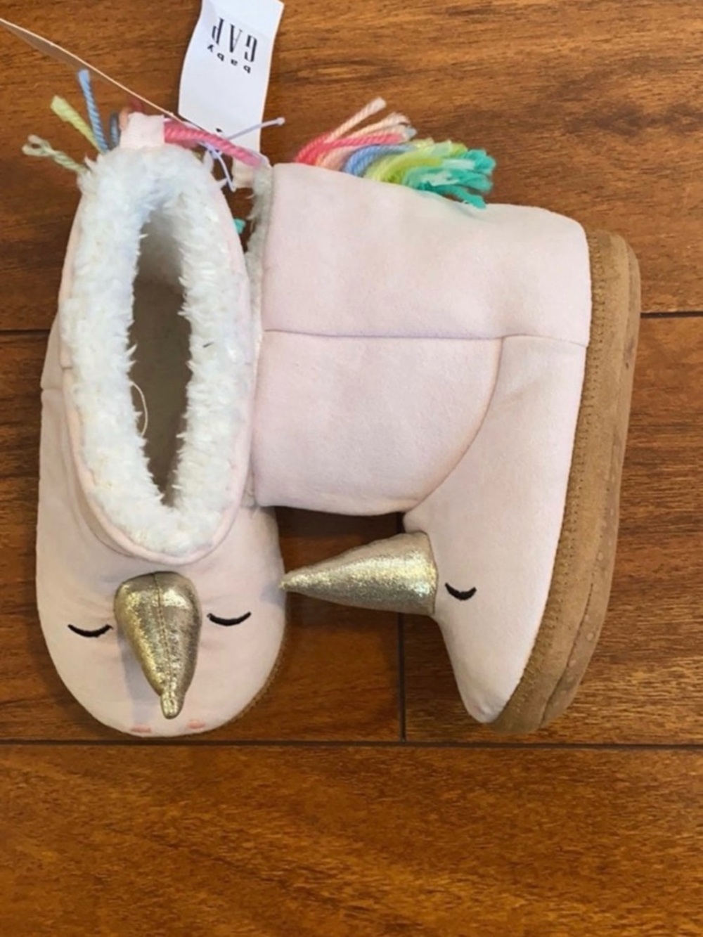 New Baby GAP girls Sz 5-6 Pink Unicorn Boot Slippers with Gold Horn